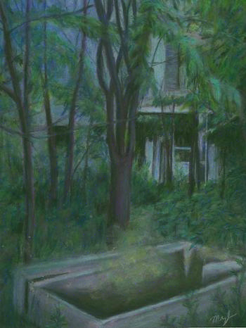 A pastel painting in purple and green hues of an abandoned old house. A sarcophagus sits among the foreground trees, a foggy green mist rising from it.