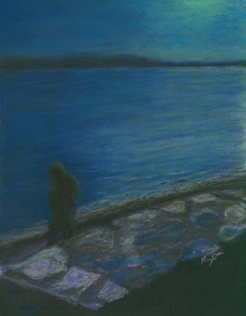 A pastel painting in dark blue hues with green and yellow moonlight shows a dark figure walking along the bank of the Mississippi River.