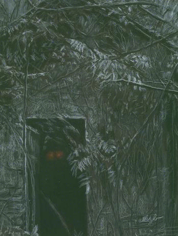A building sketched in white tones on a black background looks old and abandoned, the door missing. Mysterious red eyes staring out from within.