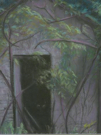 An old abandoned smokehouse sketched in green and blue tones on purple paper. Wolf-like eyes appear from within the darkened doorway.
