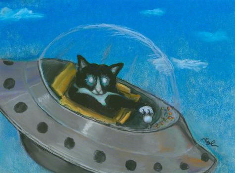 A comic-style pastel painting of a black tuxedo cat in a flying saucer.