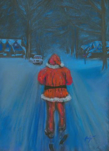 A pastel painting of a figure dressed in red, like Santa, walks down the middle of a snow-covered street at night.