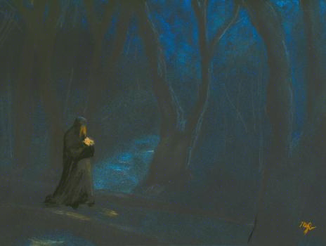 A mysterious, black-robed figure holding a candle walks along a darkened path. Blue hues pick out the moonlit forest around him.